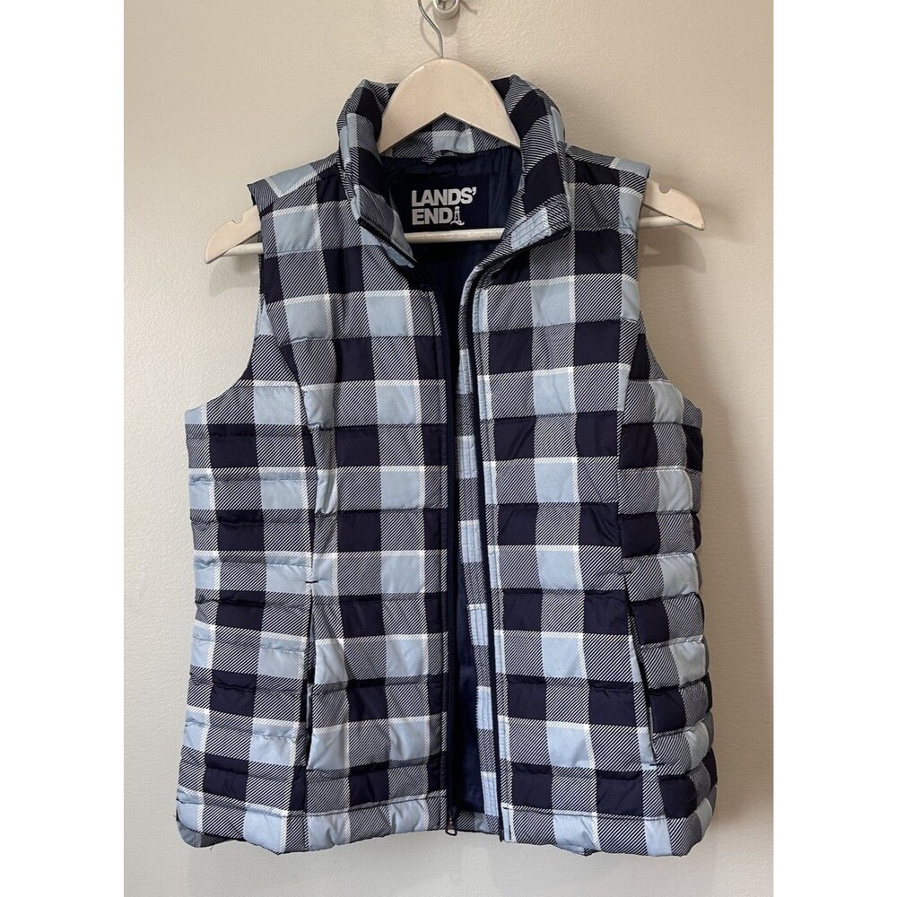 Lands End Down Filled Puffer Vest Blue Plaid Women’s  Small 6-8 Classic Outdoor